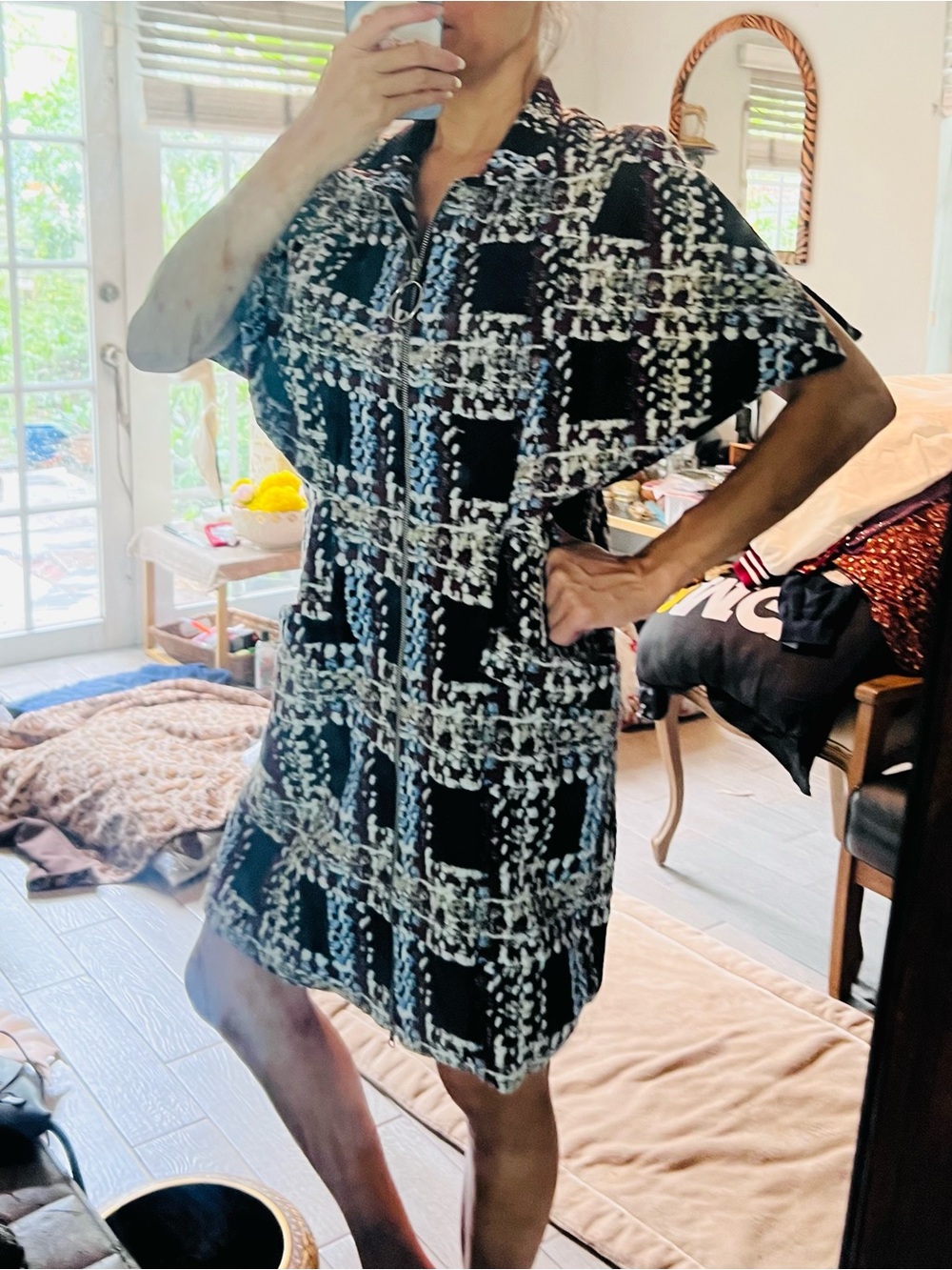 Black light blue & White Tweed Short Zip Cape Dress by Melis Kozan